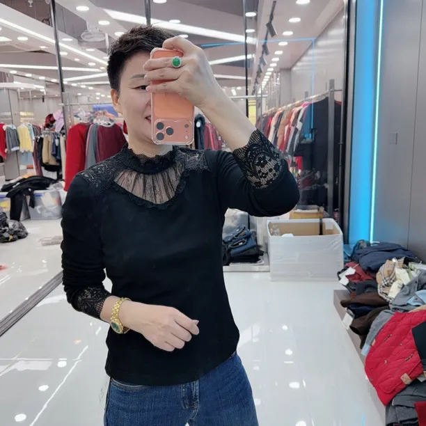 新款加绒小V领花边长袖女人味上衣8819欧美