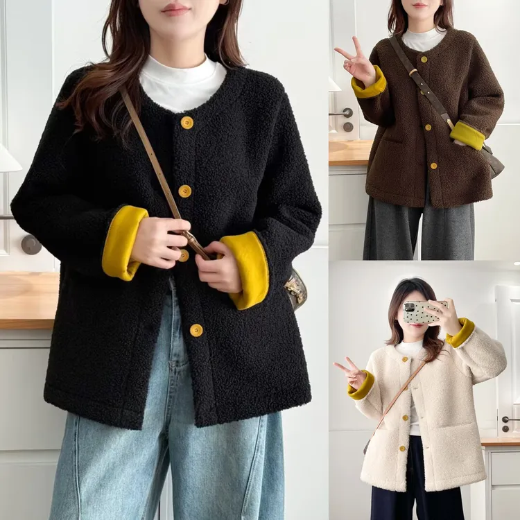 新款大码显瘦毛毛外套女冬季韩版宽松加厚保暖撞色百搭外套655