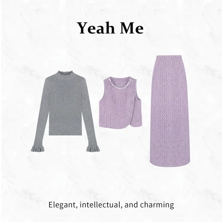 Yeah Me/也觅【桃系可颂】冬季新款小香风轻奢羊毛马甲半身裙套装女