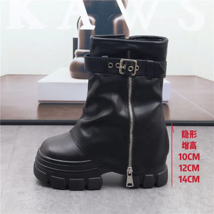 厚底内增高14CM堆堆裤管靴女新款小个子12cm马丁靴10cm西部骑士靴