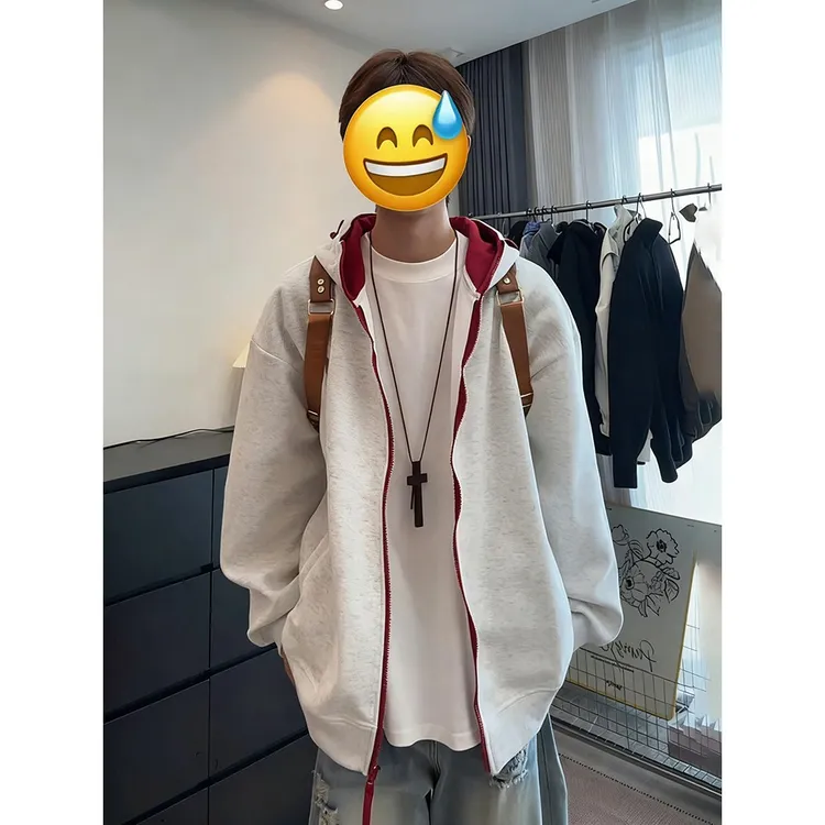 500g重磅白花灰开衫卫衣阳光干净男生穿搭拼接连帽衫情侣美式外套