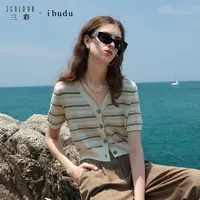【品牌福利】三彩ibudu2025夏季新款镂空条纹针织衫V领毛衫短dbx