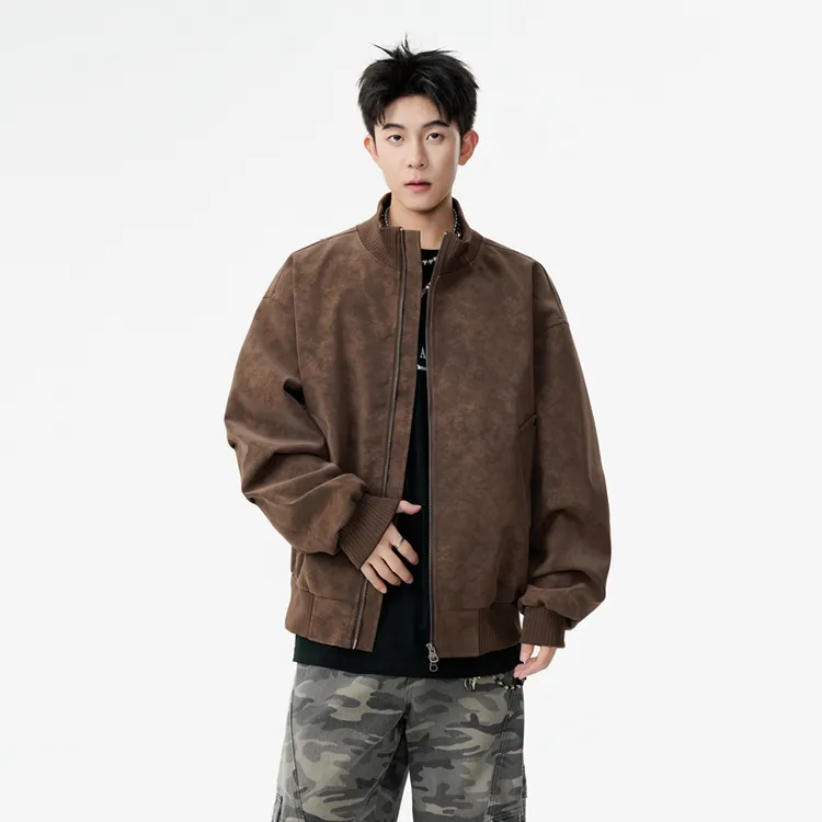 美式立领扎染皮夹克男冬季高街百搭宽松皮衣潮牌休闲情侣机车外套