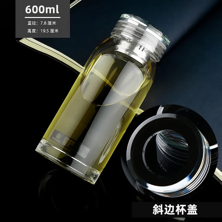 HENGLU/恒路斜边形茶杯杯盖高硼硅玻璃杯透明加厚耐热大肚水杯