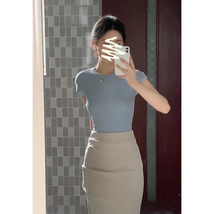 2025夏季新款韩系女韩系穿搭圆领T恤针织上衣气质高腰包臀半身裙