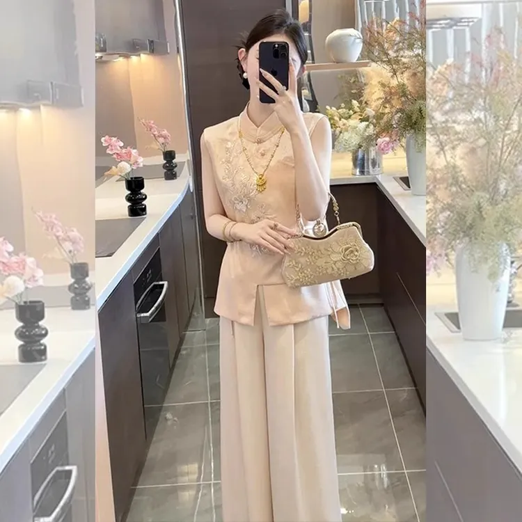 新中式女装禅意套装夏季2025新款中国风盘扣缎面上衣阔腿裤两件套