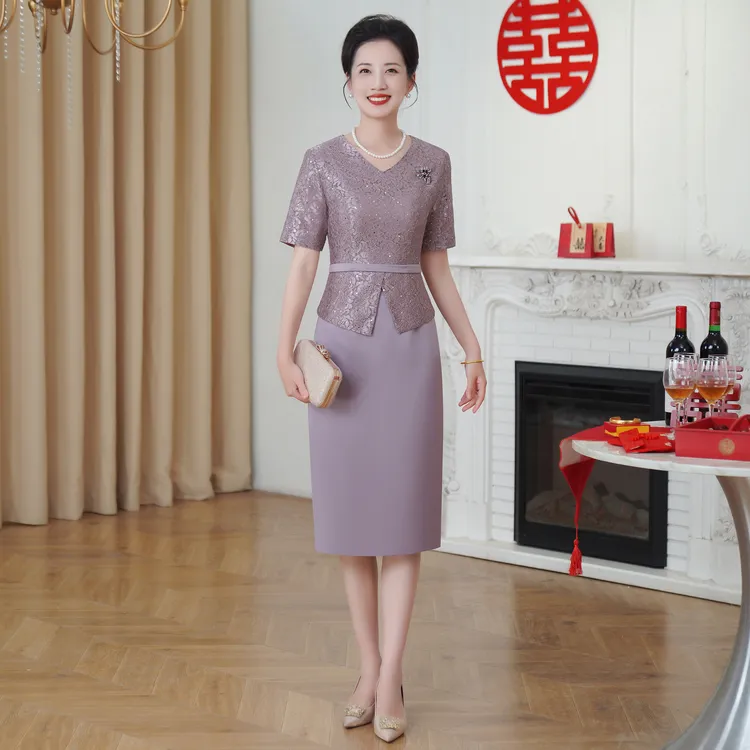 50355新品春夏装蕾丝气质修身假两件高端妈妈结婚礼服高贵连衣裙