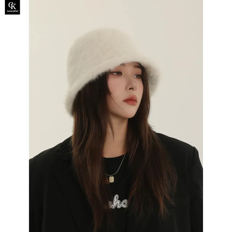 CanaryKiss日本设计师联名款兔毛渔夫帽女秋冬季显脸小毛绒水桶帽