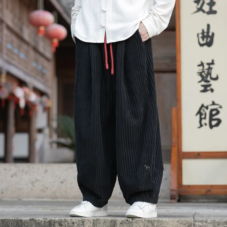 秋季新款男士灯芯绒休闲裤中国风宽松哈伦裤休闲百搭阔腿灯笼长裤