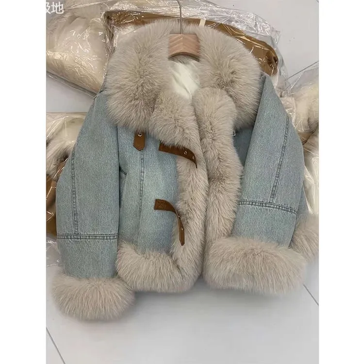 波司登极地2025韩系设计感毛领蓝色牛仔外套时尚夹绒加厚羽绒服保