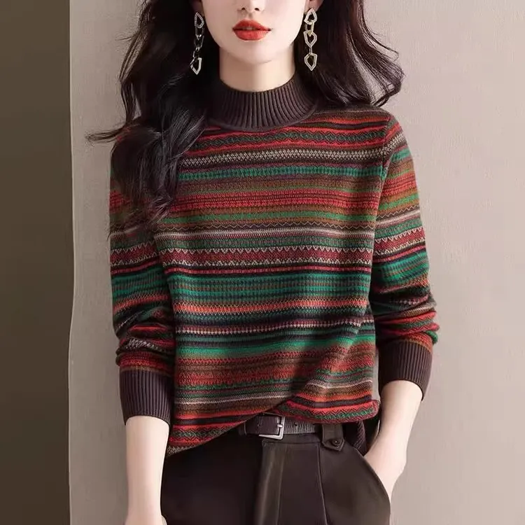 秋冬季半高领复古提花毛衣女秋冬新款百搭洋气条纹打底针织羊毛衫