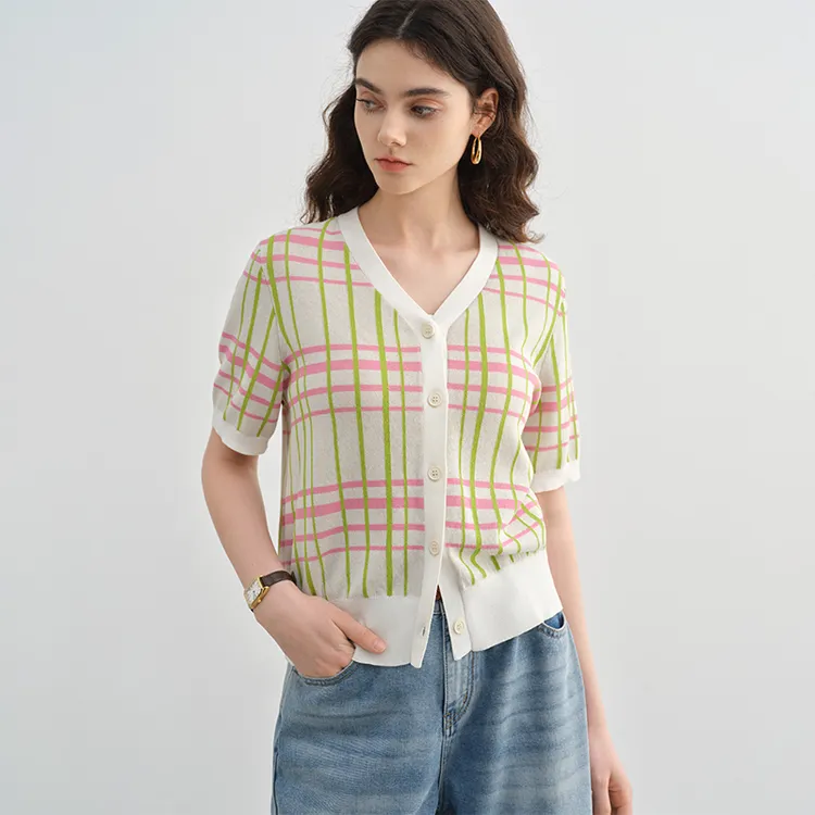 独束大码女装格纹针织开衫女v领微胖mm短袖上衣25DS82458