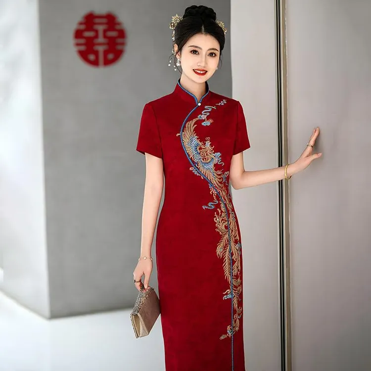 款高端婚礼礼服妈妈装复古改良绣花醋酸锻旗袍裙气质喜婆婆婚宴装