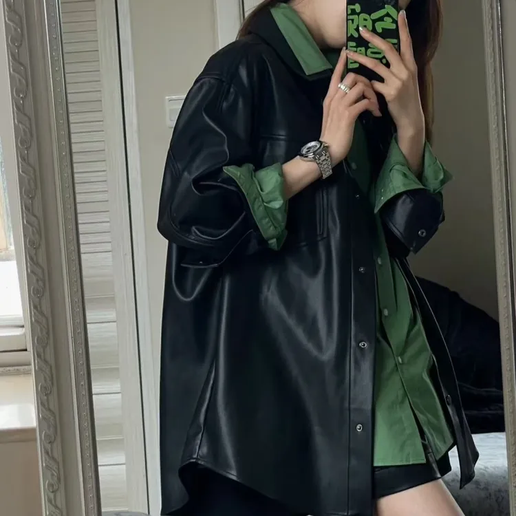 PU皮衣黑色外套+绿色衬衣春秋宽松休闲叠穿两件套小众长袖女装