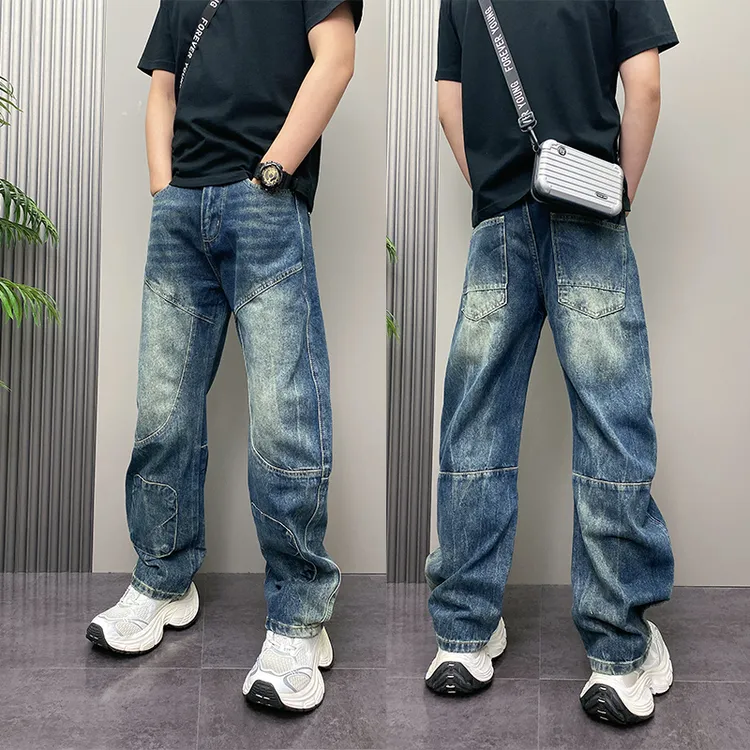 2025秋季男士复古港风宽松直筒休闲裤新款美式拼接水洗蓝色牛仔裤