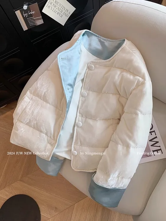 慵懒风撞色丝绒圆领棉服女2024冬新款加厚保暖气质棉袄外套小个子