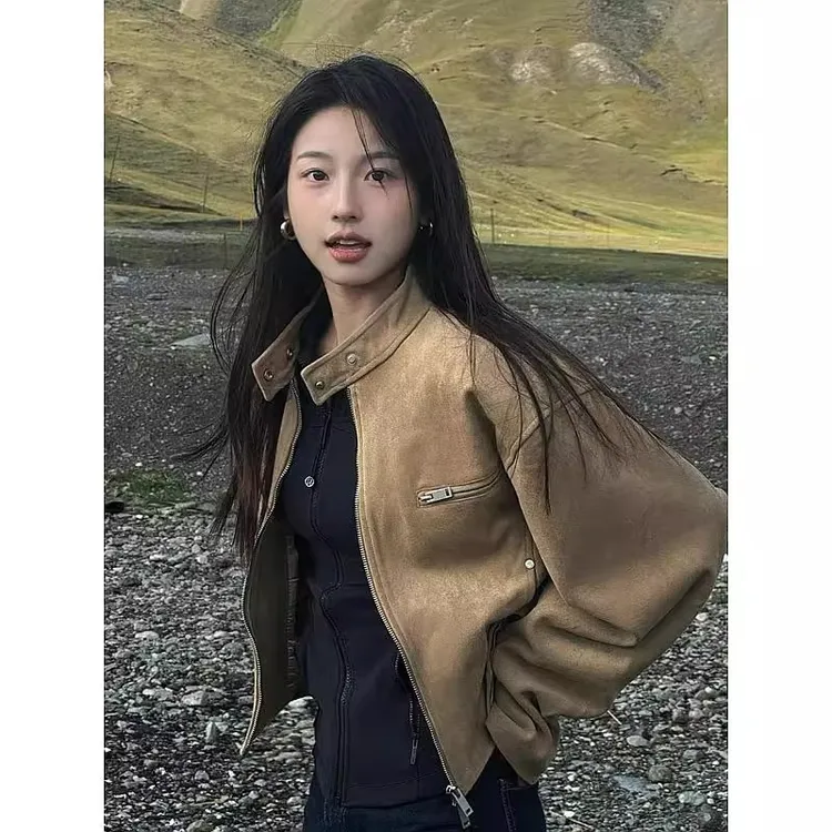 美式复古立领机车服短款外套女秋季新款小个子百搭宽松夹克休闲