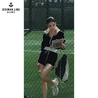 迪丝嫚苓黑色二件式套装气质长袖短款时尚休闲立领百搭小众设计感