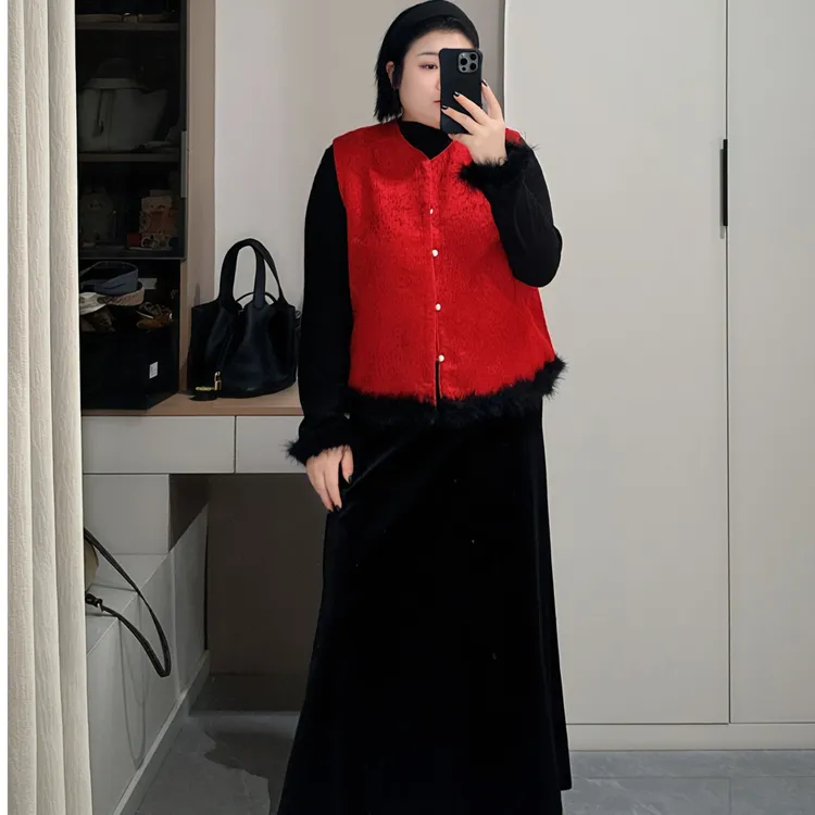 高级2025轻奢大码设计感国风复古洋气内搭+马甲+半裙套装2578-1