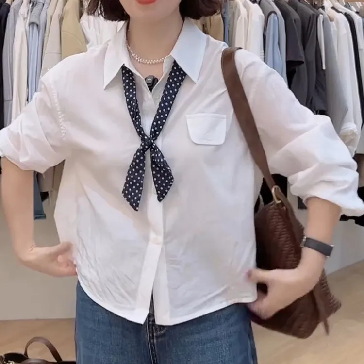 韩系翻盖口袋尖领衬衫女2025秋季新款休闲百搭白色衬衣LK2505815