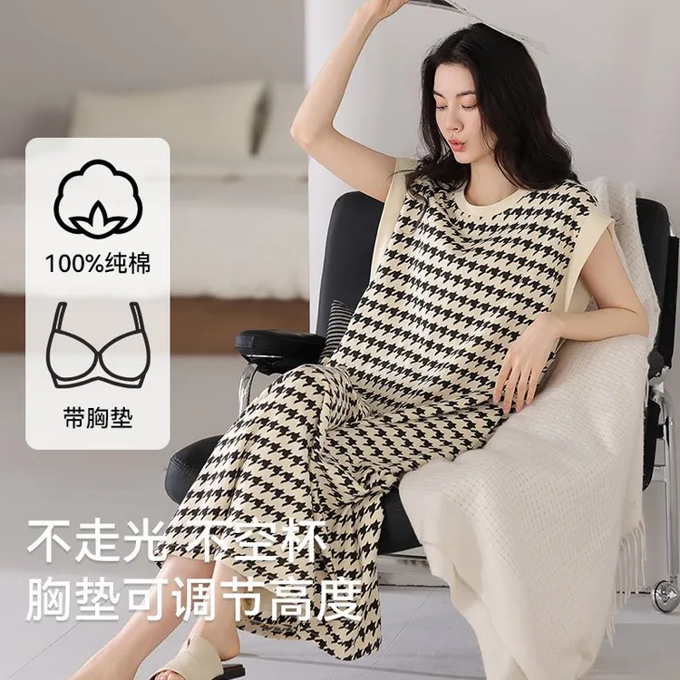 100%纯棉带胸垫睡裙女夏季无袖背心大码长款条纹睡衣可外穿家居服