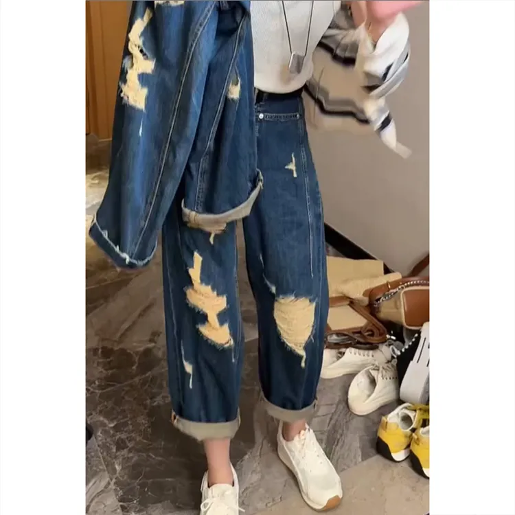 艾塔莉设计感破洞牛仔裤女夏季新款梨形身材哈伦裤大码直筒阔腿裤