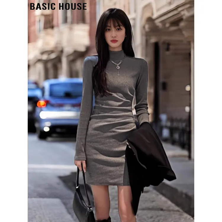 Basic House/百家好灰色包臀连衣裙女早秋半高领修身打底T恤短裙