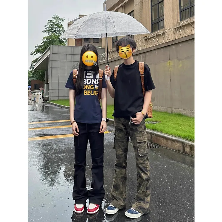 美式复古迷彩微喇工装裤男款秋季vibe高街裤子cleanfit修身牛仔裤