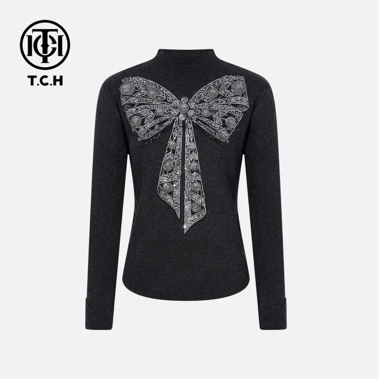 TCH【洋气高贵】冬款时尚烫钻深灰色休闲风女装针织衫T75D09E1129