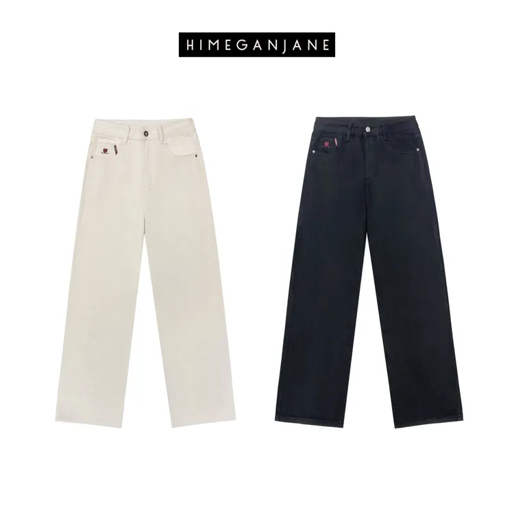 HIMEGANJANE 秋冬设计感加绒微阔腿气质显瘦高腰牛仔裤8532