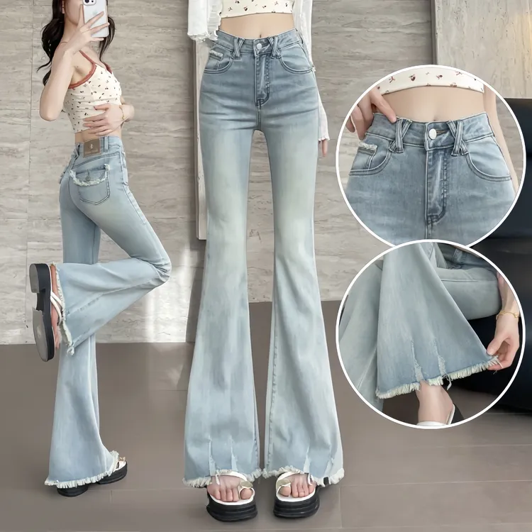 浅蓝色微喇叭裤女春秋流行修身高腰丰胯大长腿流苏破洞牛仔拖地裤