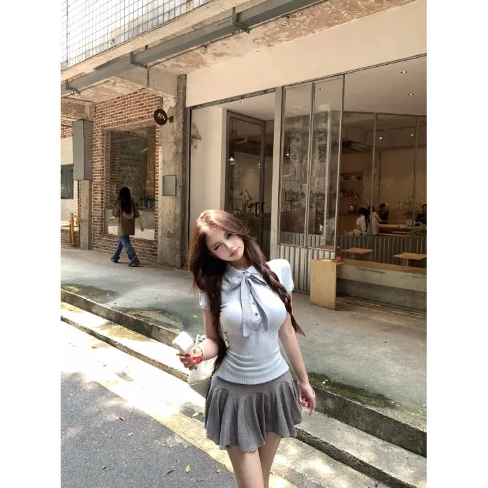 韩系蓝色绑带polo领短袖T恤女夏季学院风套装高腰a字半身裙两件套