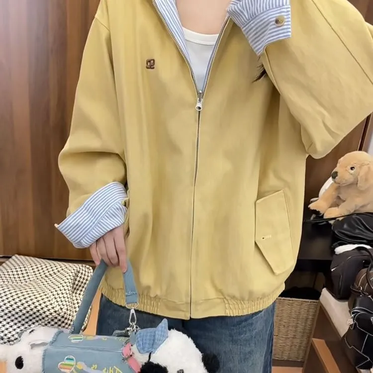 ins女条纹厚款运动宽松型秋季休闲短外套立领