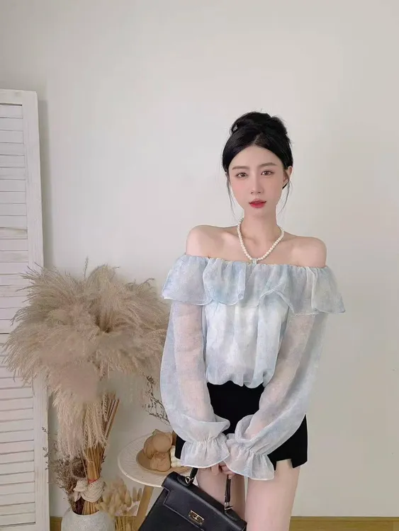 新款秋季女装衬衫雪纺衫秋季长袖气质时尚小众一字肩设计感上衣