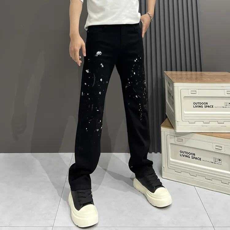 秋冬新款高端定制设计师款泼墨美式高街风男士黑色痞帅直筒牛仔裤