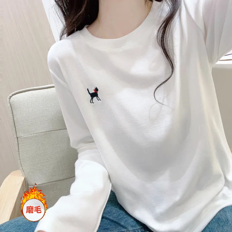 柔软亲肤磨毛打底衫女秋冬季慵懒风简约刺绣圆领宽松长袖T恤上衣