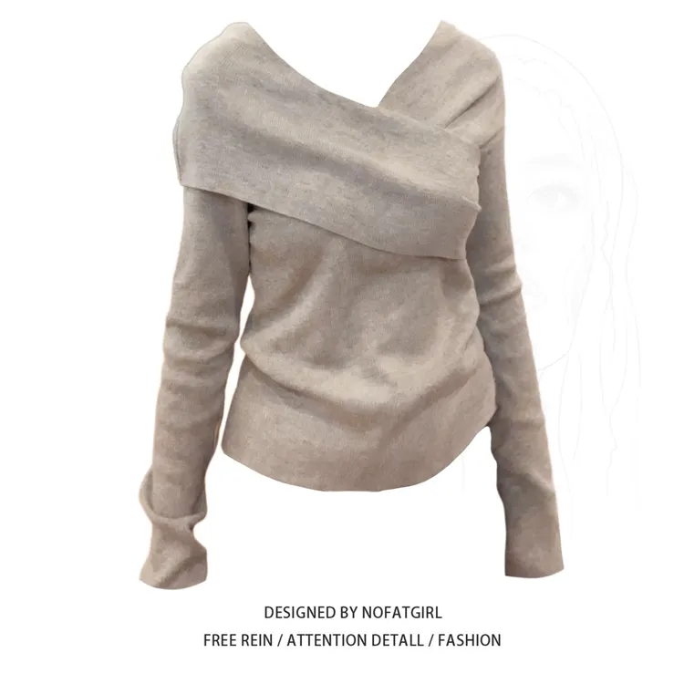 大码胖MM灰色不对称V领针织衫女秋季新款长袖修身内搭打底衫上衣