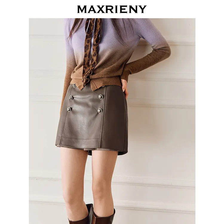 【商场同款】MAXRIENY乡村巴恩风蛋白皮革A摆裙裤25冬款皮短裤女