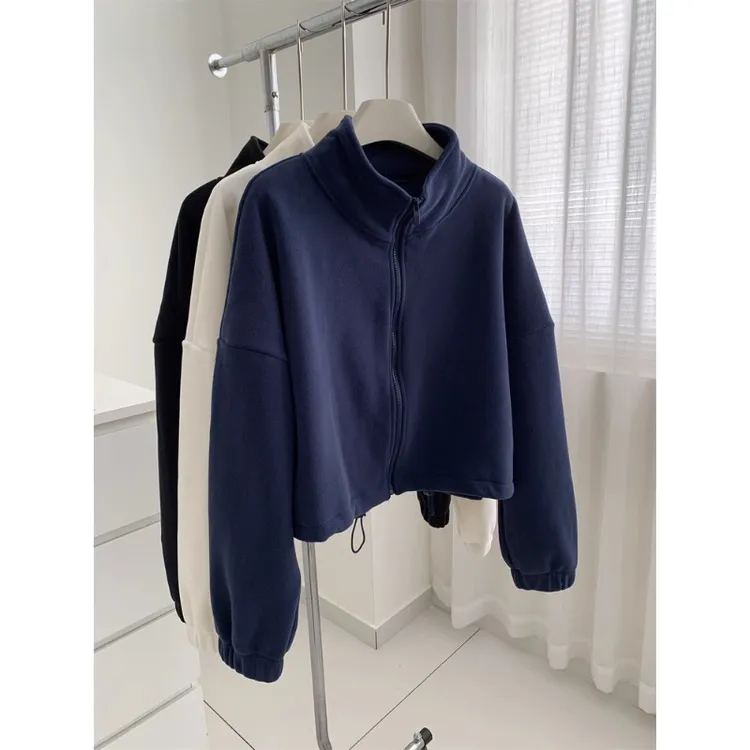 加厚保暖摇粒绒卫衣外套女简约韩版立领拉链开衫秋冬加绒短款上衣