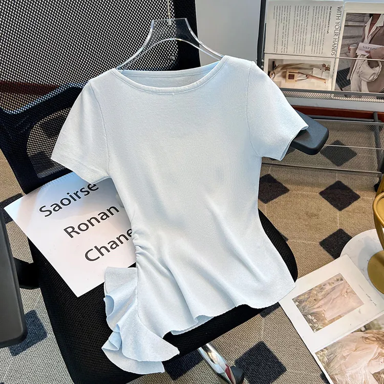 法式别致显瘦上衣女装2025夏季设计感不规则别致针织小衫短袖T恤