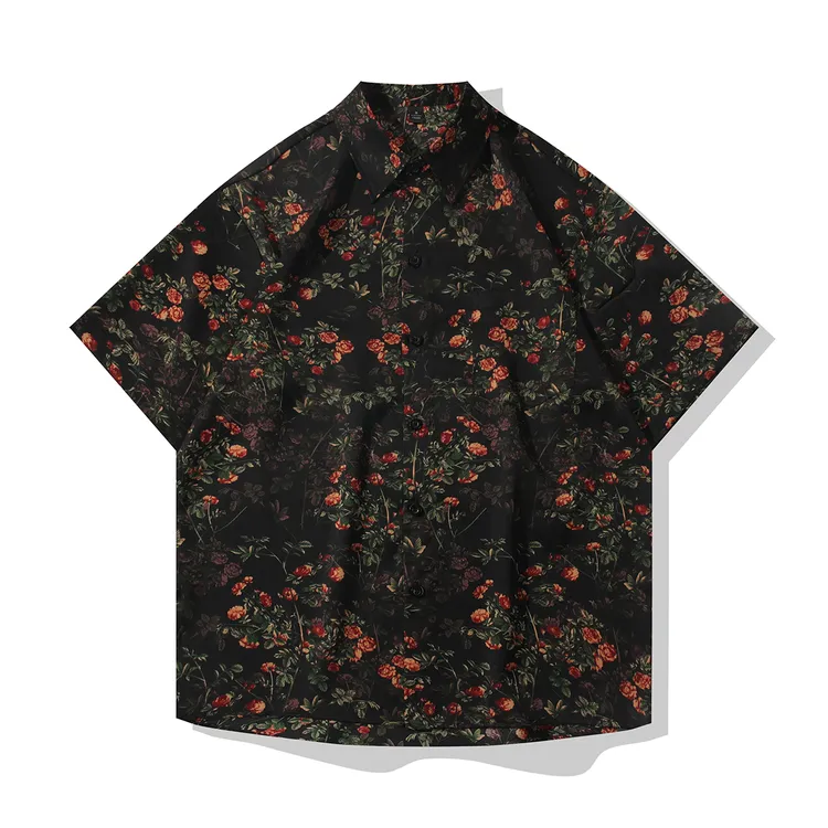 复古中式花卉冰丝短袖衬衫印花宽松凉感透气衬衣复古潮流痞帅男装