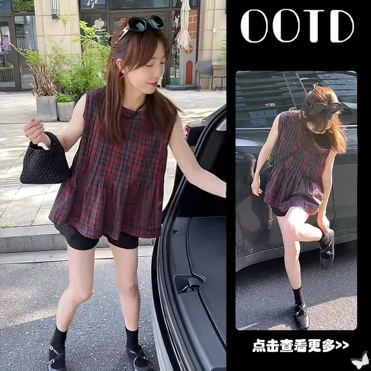 夏季穿搭一整套女2025新款韩版格子无袖衬衫高腰阔腿短裤两件套