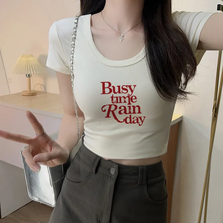 美式复古短款正肩短袖T恤女夏季新款紧身露脐修身设计感高腰上衣