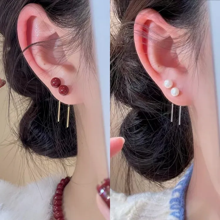 合金耳饰 红豆耳线长款耳饰精致韩版小众经典复古流苏珠珠甜美风