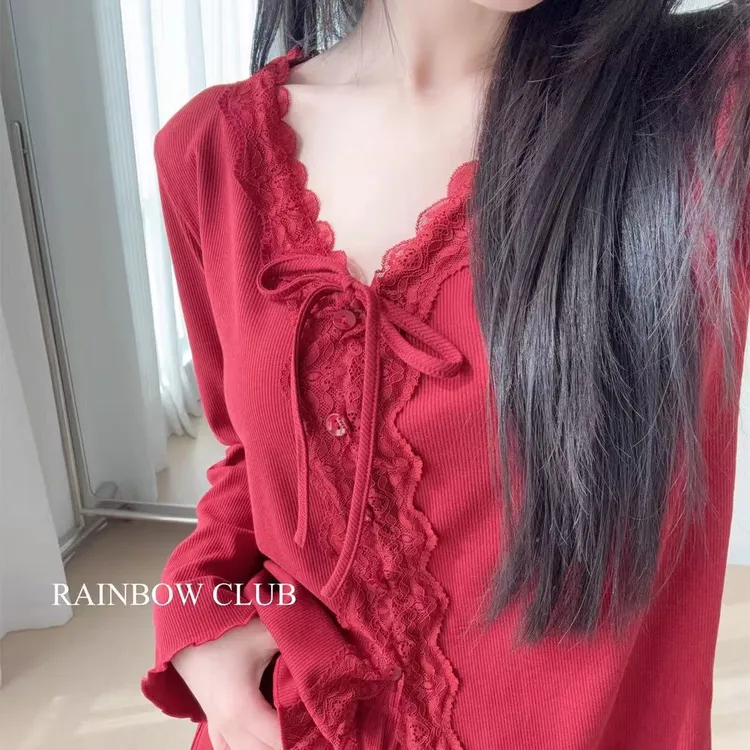 莫代尔棉睡衣女新款春秋季新年红色本命年性感蕾丝纯欲风家居服