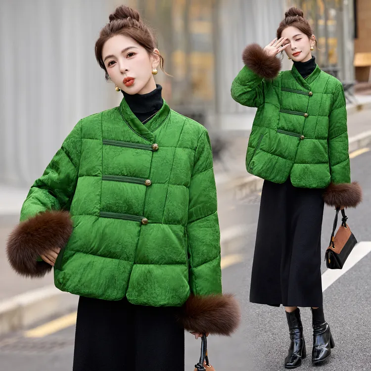 现货现货2025年冬季人丝羽绒新中式真狐狸毛羽绒新款