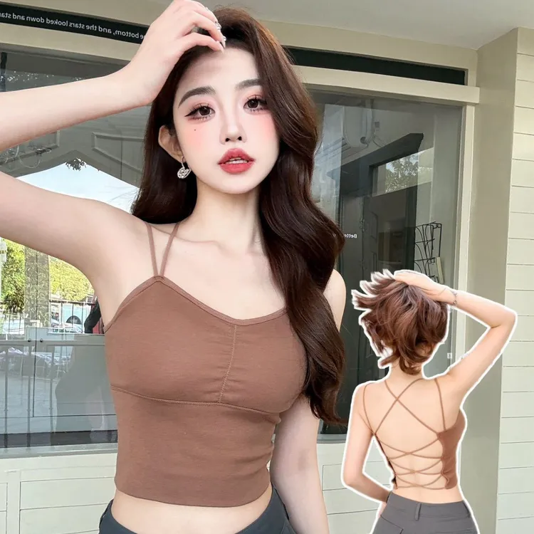 春夏新款镂空性感后背交叉带纯色百搭美背简约休闲短款修身抹胸