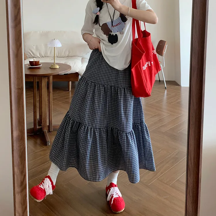 韩系复古格子半身裙女夏季薄款宽松A字中长款伞裙格纹显瘦蛋糕裙