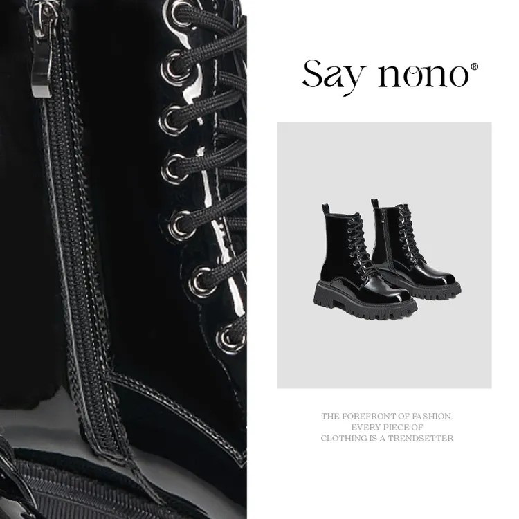 Say  nono  英伦风增高厚底酷飒机车系带侧拉链马丁靴4.5cm