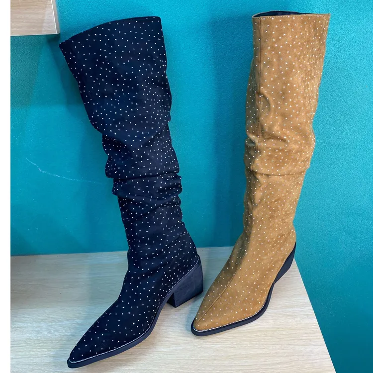 满钻时尚长筒时装靴弹力靴尖头长靴秋冬气质气质百搭高级感女靴